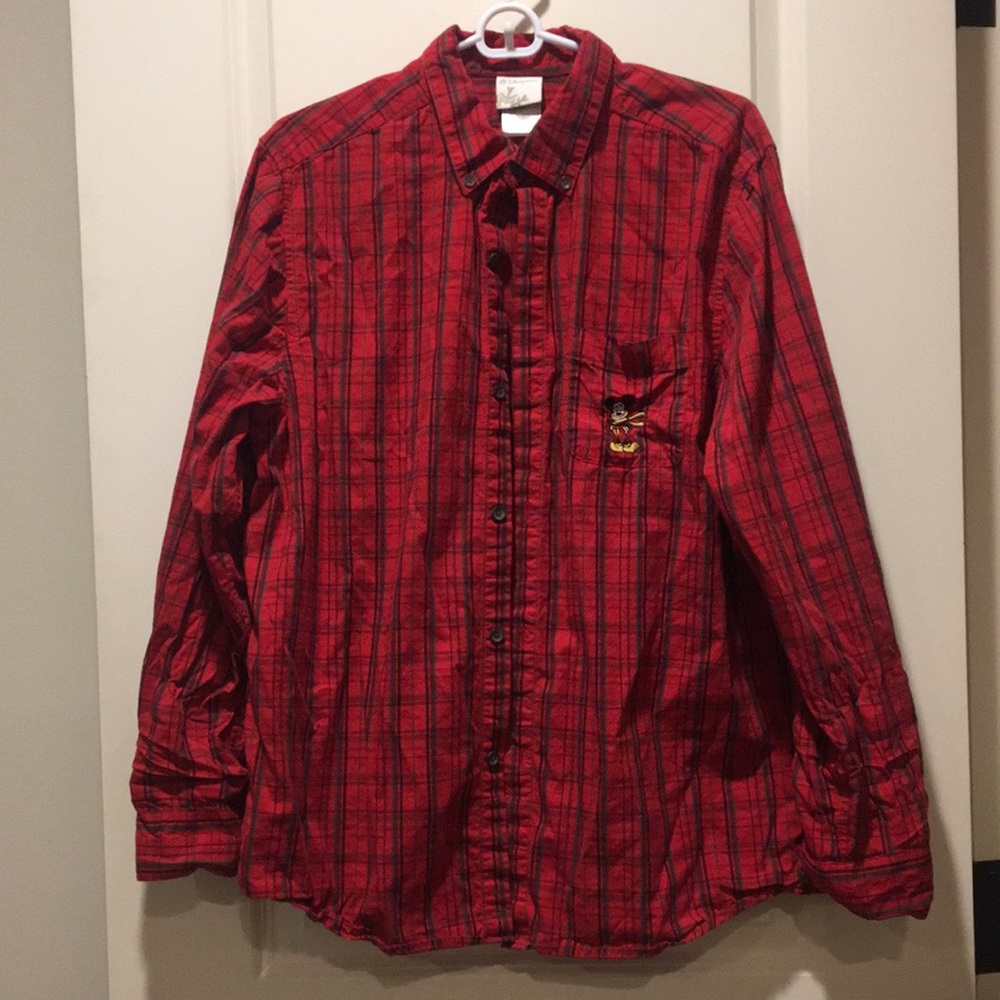 Disney mens Mickey Mouse Plaid Button Down long sleeves Shirt pocket size M red